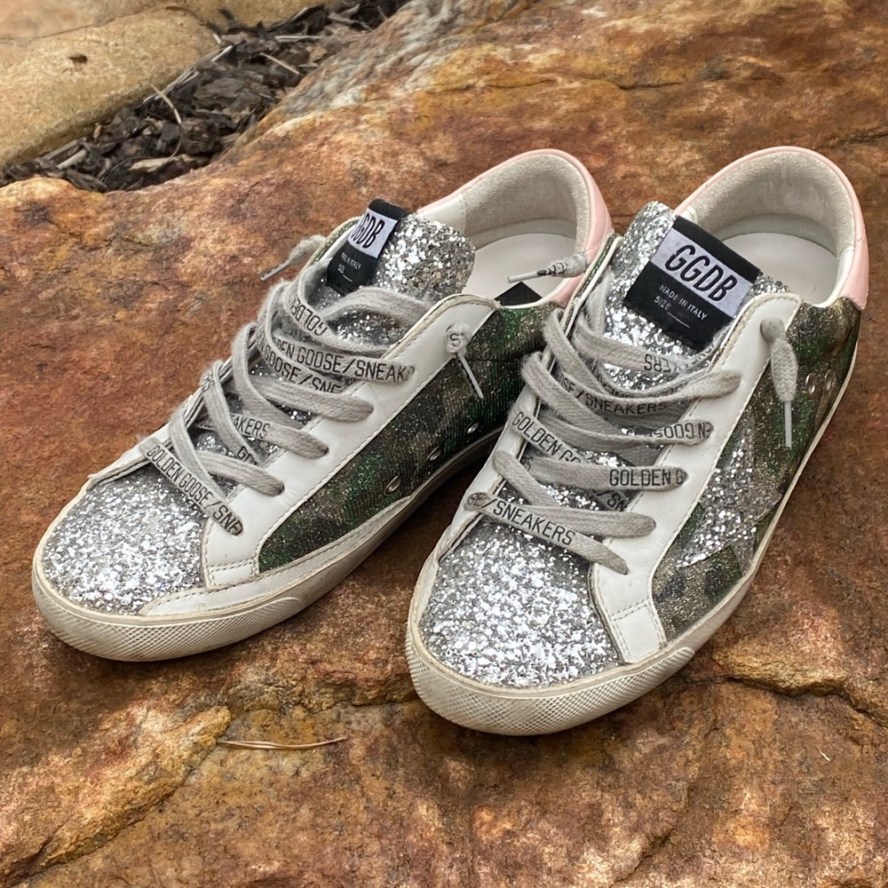 Sold out ! Rare golden GOOSE super star glitter camo low top sneaker shoe pink